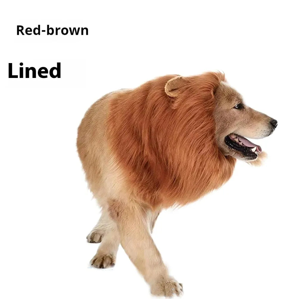 Dog wearing adjustable lion headdress costume with elastic neckband in light brown colour