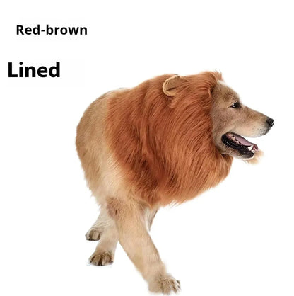Dog wearing adjustable lion headdress costume with elastic neckband in light brown colour