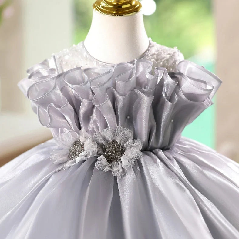 Girls sleeveless princess dress in smoky grey colour with round neckline, suitable for birthday celebrations