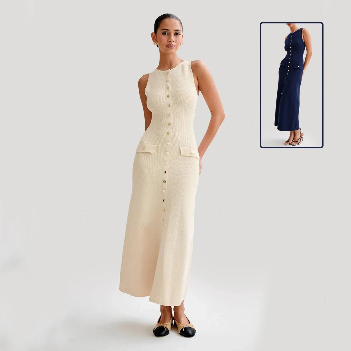 Elegant sleeveless knit dress in various colors, including almond and blue, with a slim, figure-flattering silhouette and round neckline