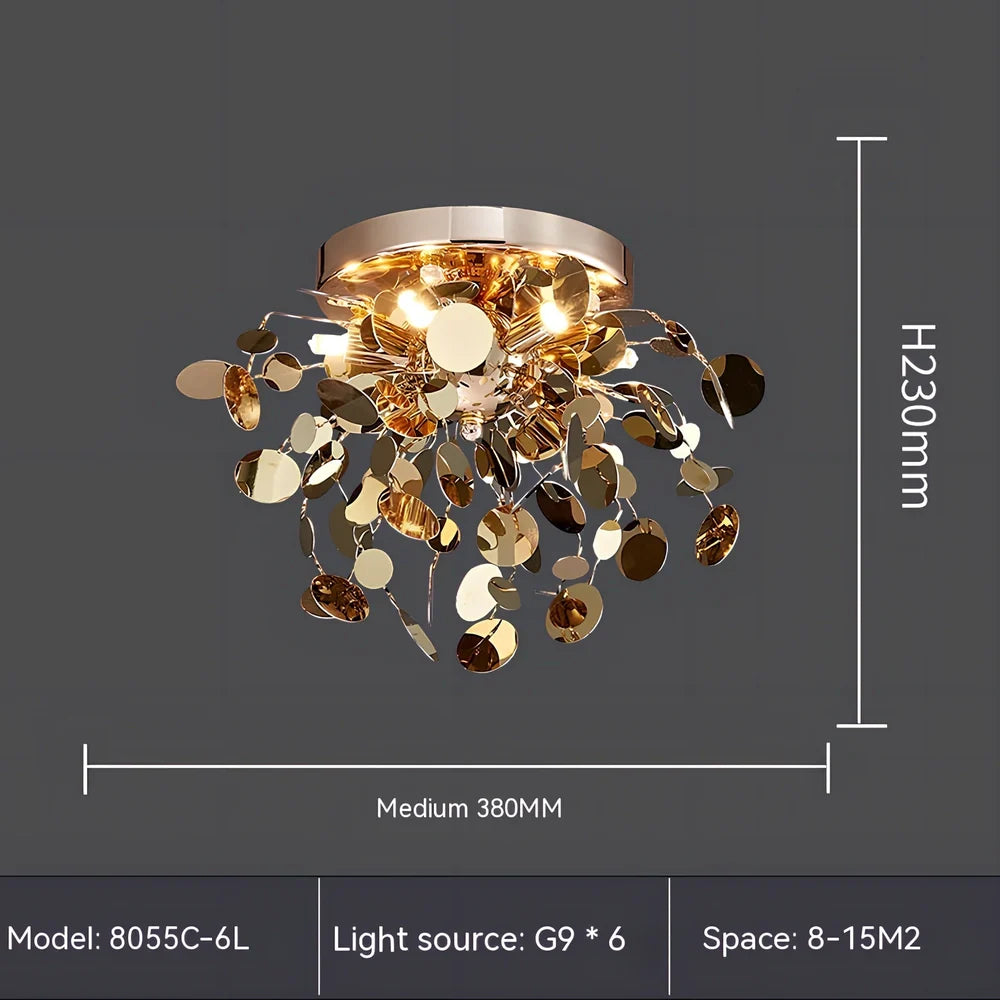 Stainless steel chandelier with eight G9 bulbs measuring 45cm height with tree blade design