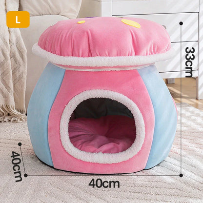 Grey mushroom-shaped cat bed with detachable thermal blanket showing 2.5cm thick plush interior