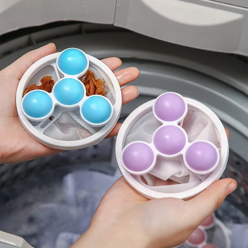 Ultra-fine mesh washing machine lint catcher in purple, blue, and pink