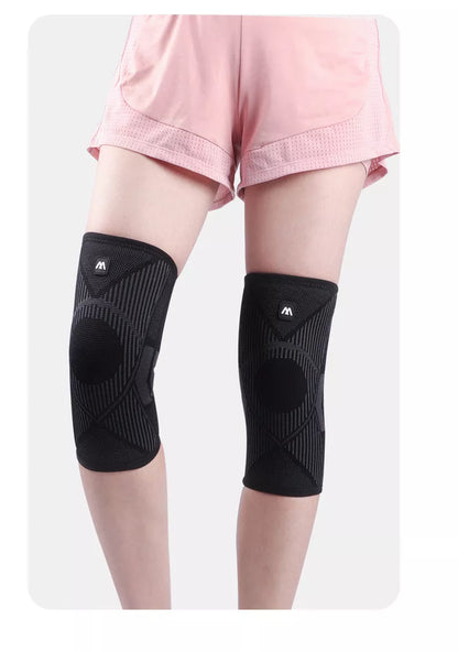 Non-slip knee compression sleeves in blue, pink, and black for pain relief and support