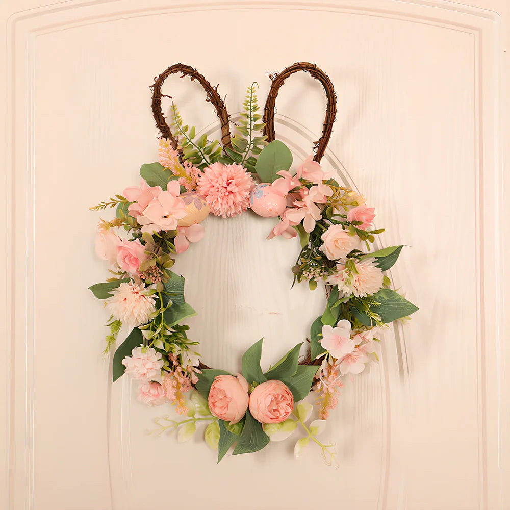 Easter chrysanthemum rabbit wreath measuring 35x45cm with silk flowers and plant teng base