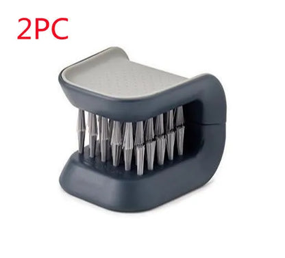Blue U-shaped knife and cutlery cleaning brush with bristles for kitchen utensil cleaning