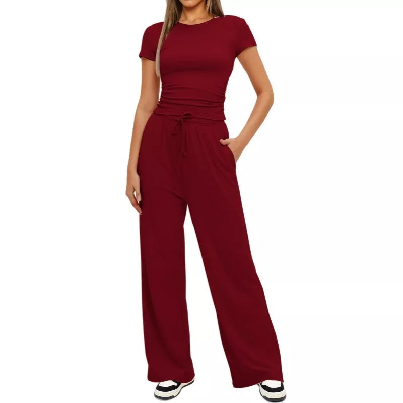 Women's 2-piece solid color yoga set with short-sleeve top and high-waisted pants
