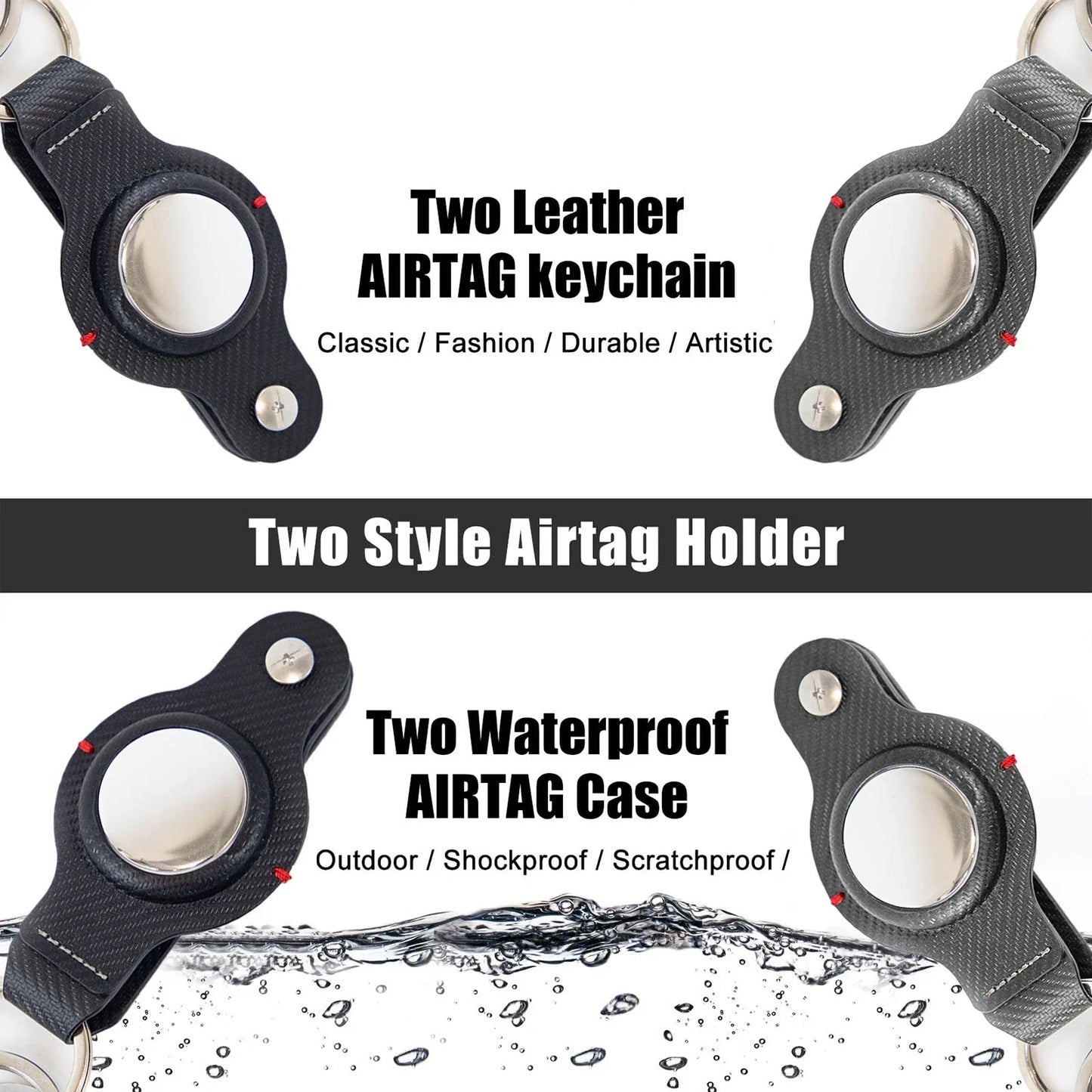 Stylish and secure AirTag holder keychain in black and grey PU leather, with a sturdy key ring for attaching to valuables