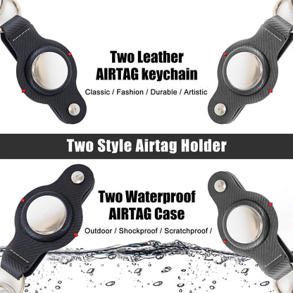 Stylish and secure AirTag holder keychain in black and grey PU leather, with a sturdy key ring for attaching to valuables