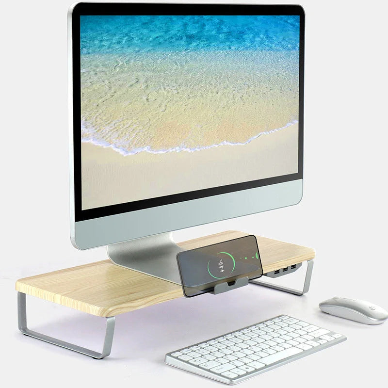 Ergonomic monitor riser with USB ports and phone holder in black, dark wood, light wood, and white