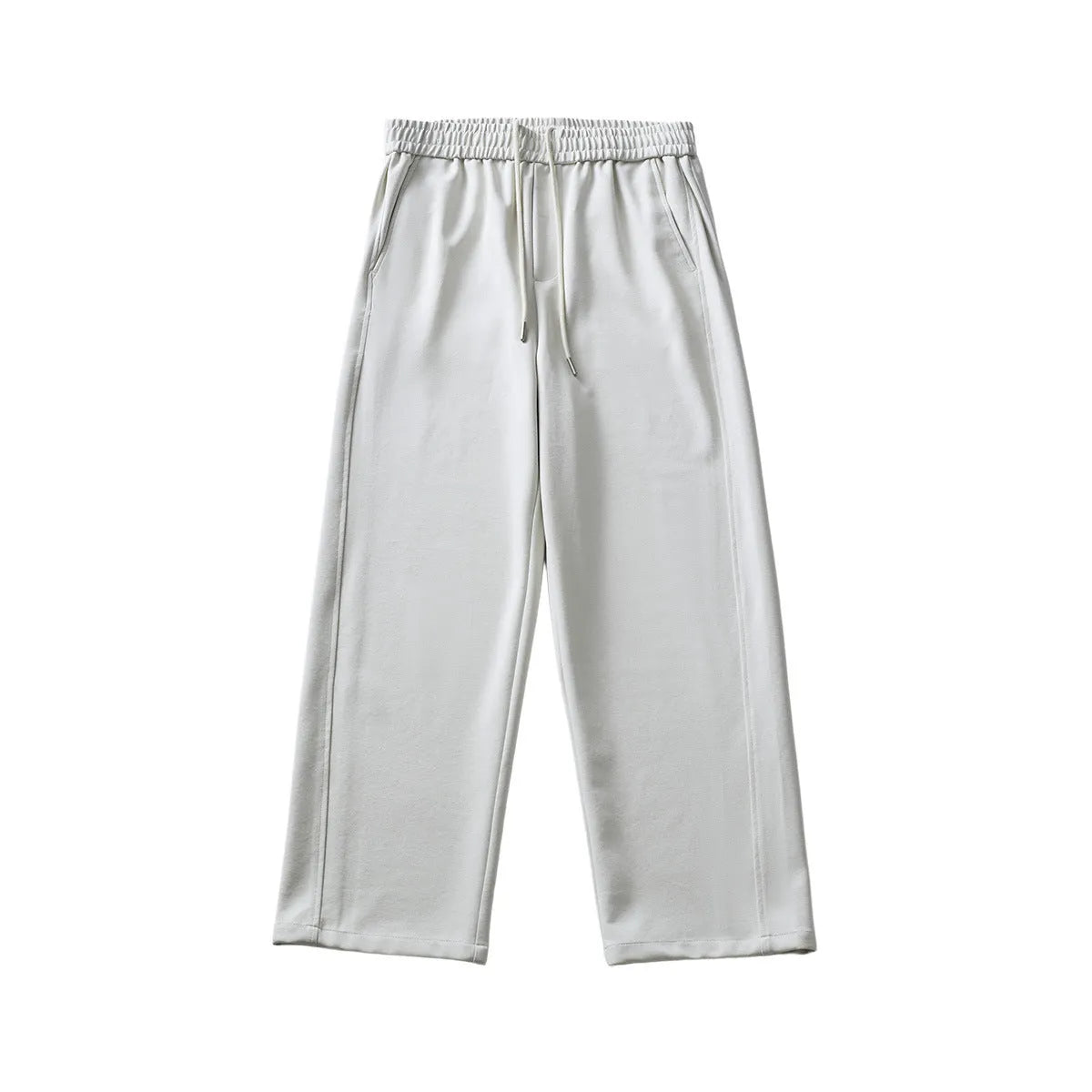 Men's grey cotton blend summer casual trousers with a high waist, straight leg, and front lace-up detail.