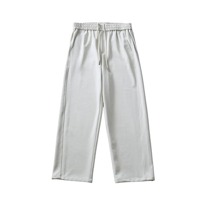 Men's grey cotton blend summer casual trousers with a high waist, straight leg, and front lace-up detail.