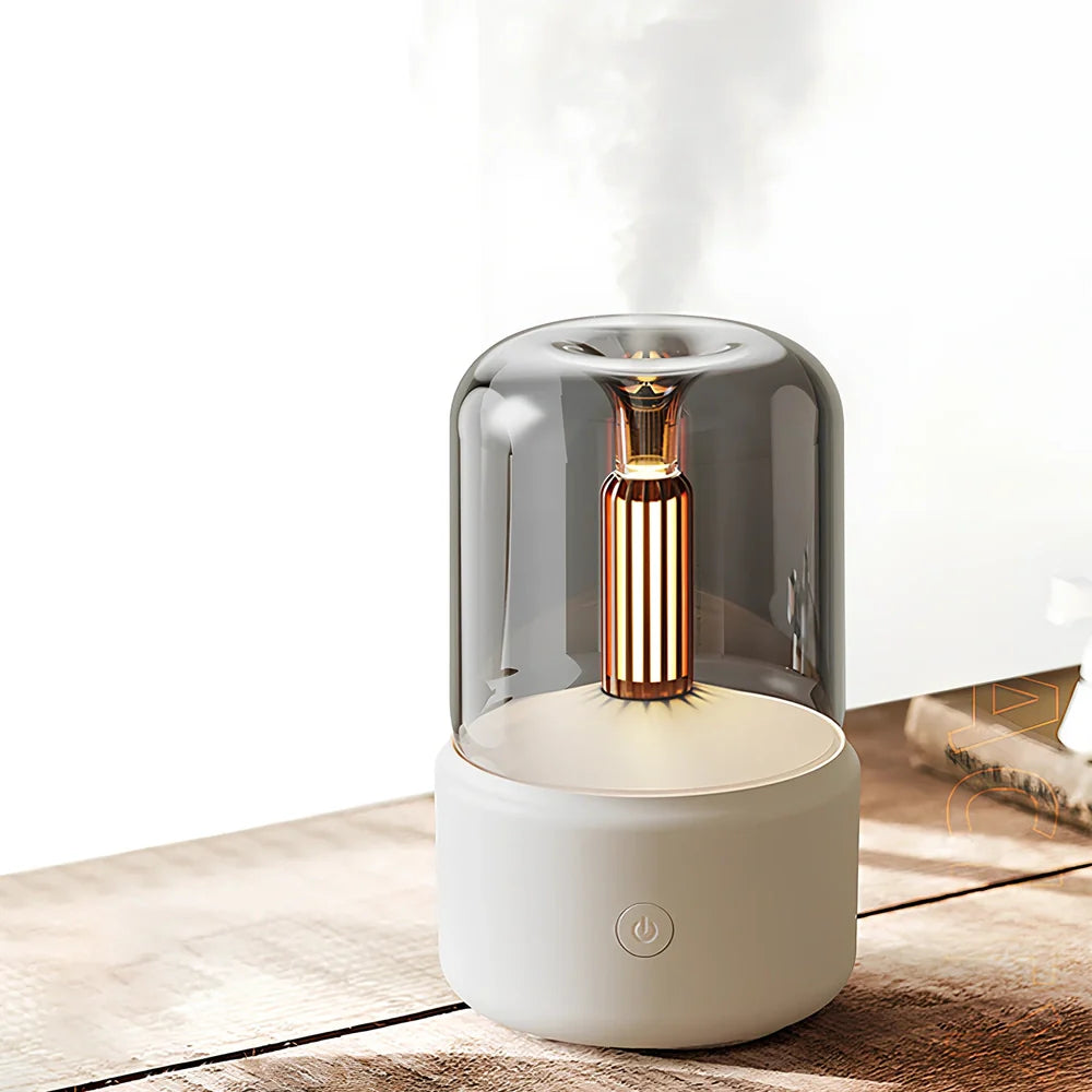 Beige columnar aroma diffuser with candle light simulation, 95x95x150mm dimensions