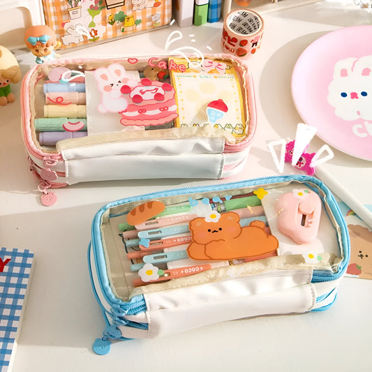 Japanese transparent heart-shaped pen bag with rabbit designs in pink and red colour options