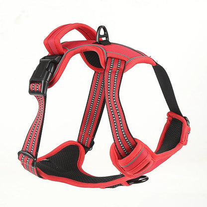 Dog harness with reflective elements and adjustable chest strap in black, red, or fluorescent orange