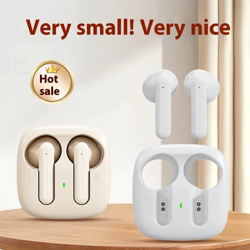 Wireless Bluetooth earbuds with noise reduction, sports style, available in black, white, or skin colour, plastic.
