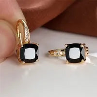 Square zircon inlaid ear hook earrings with geometric design and electroplated finish in golden tone