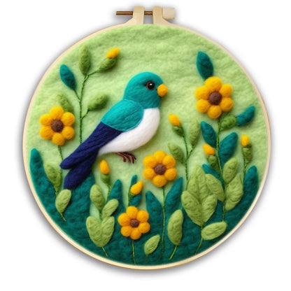 Round fabric embroidery kit with 20x20cm linen frame and wool felt for three-dimensional floral artwork