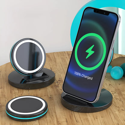 Magnetic Magsafe 3-in-1 folding wireless charging stand for iPhone 12 showing adjustable angles