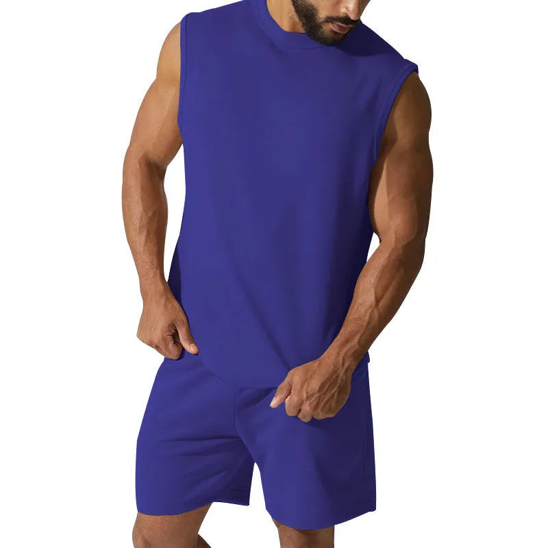 Men's sleeveless cotton blend sports suit set with shorts in multiple solid colour options