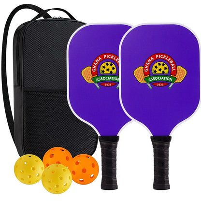 Peak Racket fibreglass squash set showing two rackets and four balls for complete playing equipment