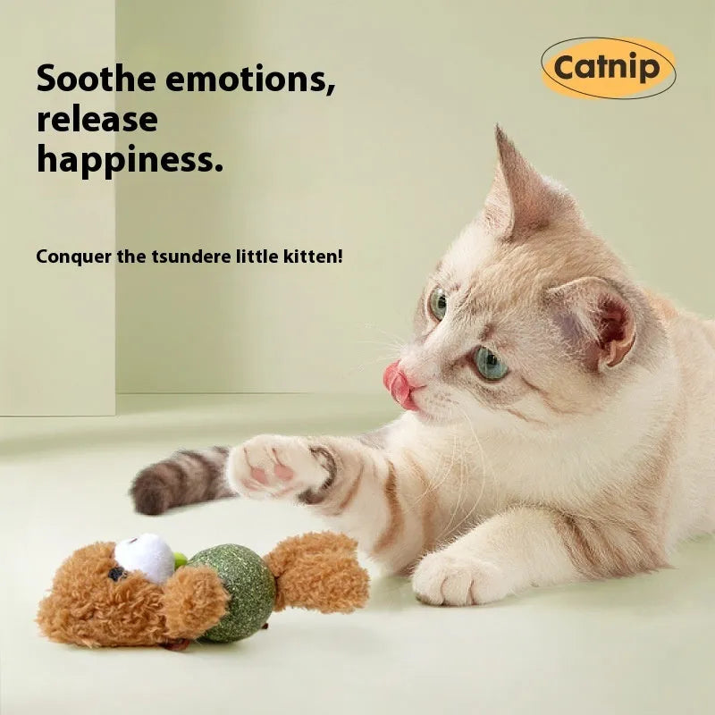 Catnip ball cat toy with minty filling for molar cleaning and bite relief, featuring a 15 cm tall plush animal design with internal bell and 4 cm catnip ball, available in brown bear, pink rabbit, green frog, or piyopiyo colours.