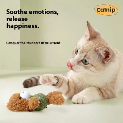 Brown bear catnip toy with 15cm height, 4cm mint ball, and visible bell inside plush material