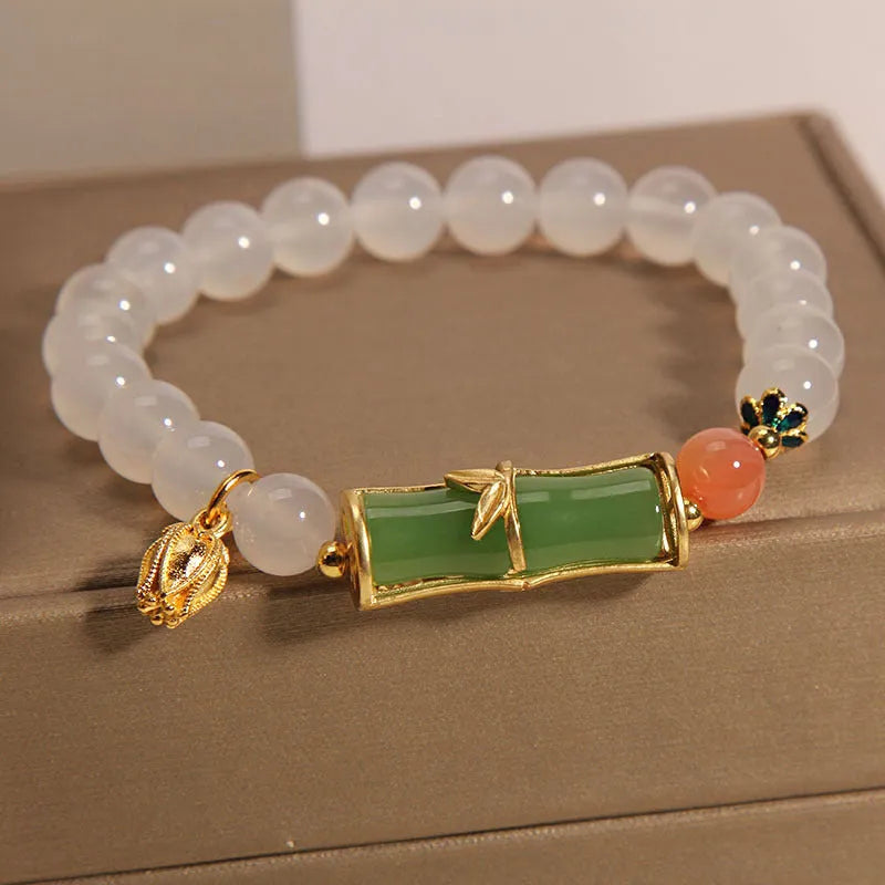 White agate and jade bamboo beaded bracelet for women with Chinese retro style.