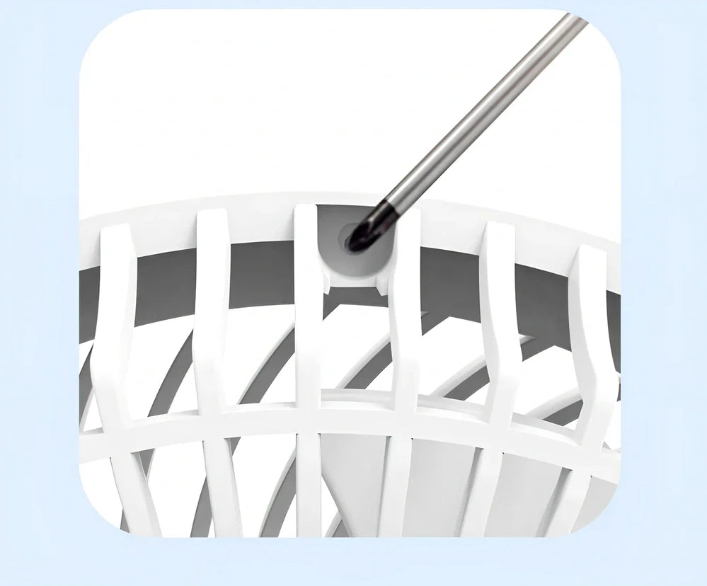 Black portable desk electric fan with foldable base, LED display, and hanging hook for versatile placement