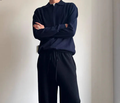 Old Money Style pure wool polo sweater with lapel collar and long sleeves in milky white or navy blue, loose fit