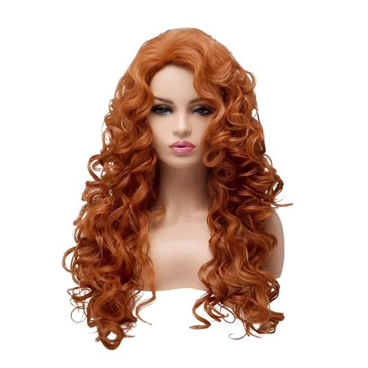 Long curly brown synthetic wig with a fluffy texture on a wig head.