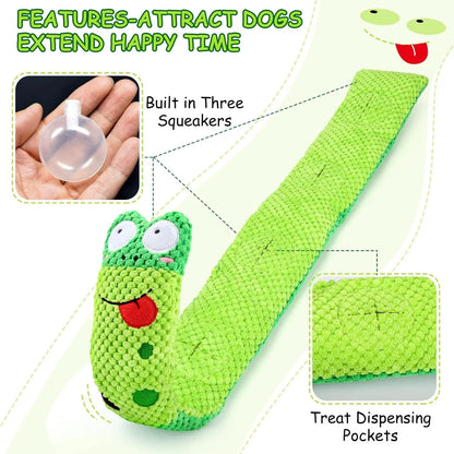 Squeak dog toy in snail or stick shape with hidden food holes for foraging training, measuring 7.5 cm by 7.2 cm