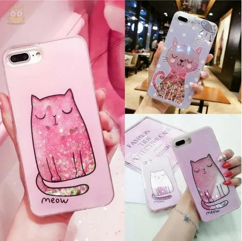 Cat phone case with glitter accents for iPhone, showing feline design and port cutouts