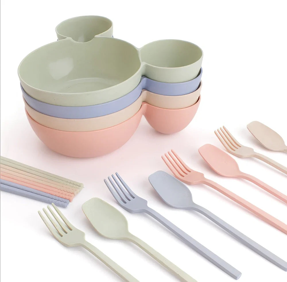 Mickey cartoon wheat straw children's bowl set with pink 21.5 cm bowl, spoon, fork, chopsticks - BPA-free biodegradable kids meal kit