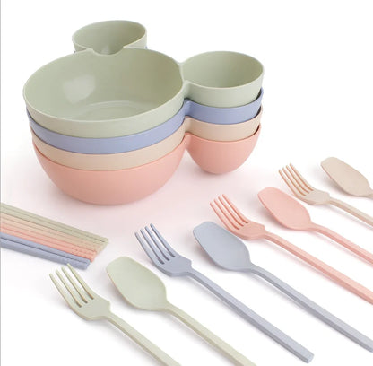 Mickey cartoon wheat straw children's bowl set with pink 21.5 cm bowl, spoon, fork, chopsticks - BPA-free biodegradable kids meal kit