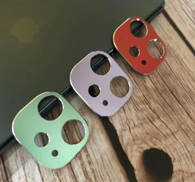 Metal lens protection ring for iPhone 11 and 11 Pro back cover, shown in multiple colour options.