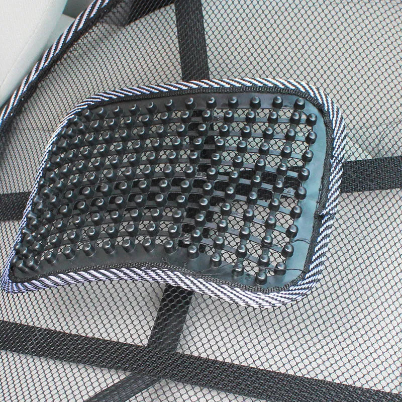 Black car lumbar support pillow with leather nail pattern and ventilation design measuring 41x39cm