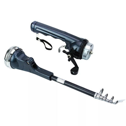 Compact foldable fishing rod with black epoxy construction and built-in reel