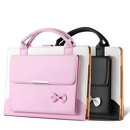iPad case in black imitation leather with wallet style and bow handbag detail, compatible with iPad Air Pro Mini