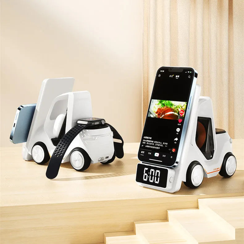 15W three-device wireless charging bracket in grey, white, yellow, or orange with compact 150x146x75mm dimensions