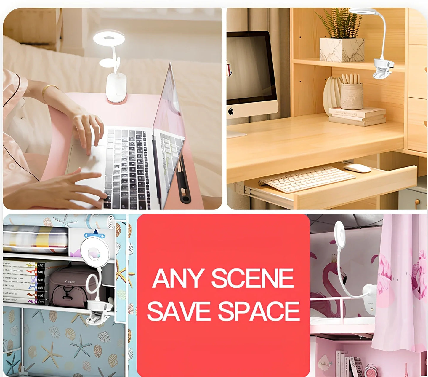 Porcelain white LED clip desk lamp with USB charging, 15cm tall for reading and eye protection