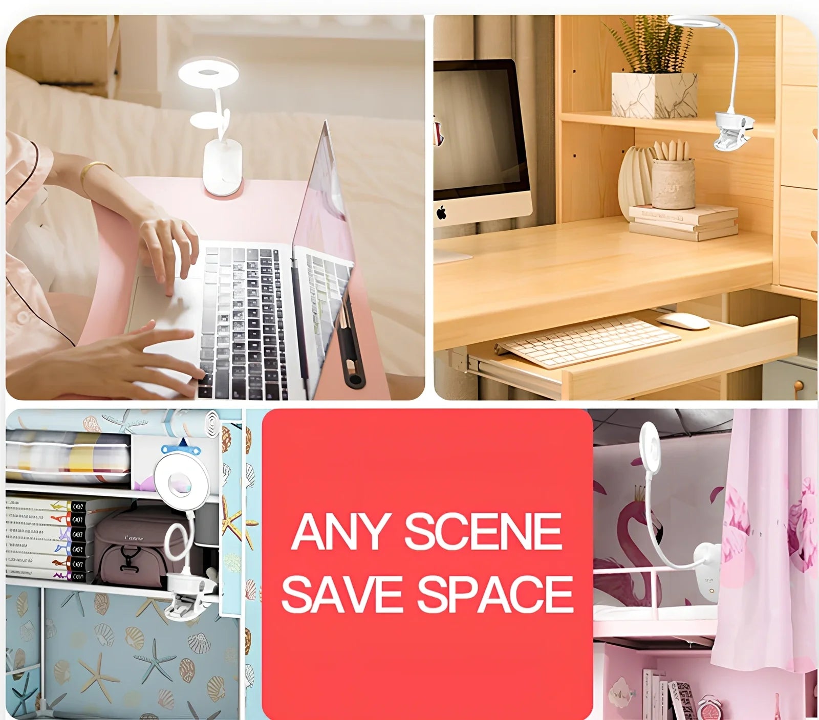 Porcelain white LED clip desk lamp with USB charging, 15cm tall for reading and eye protection