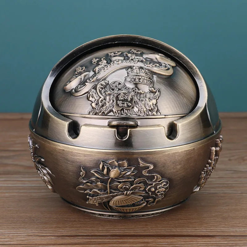 Alloy ashtray with smoke extinguishing slot in bronze finish, featuring Dragon and Phoenix motif, S size