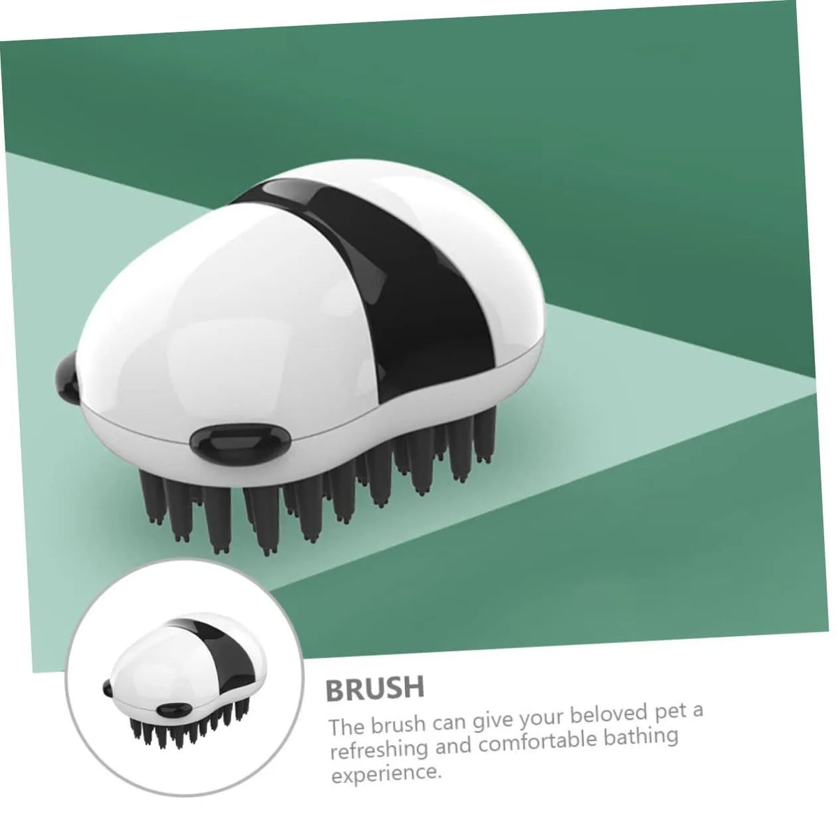 Black and white pet bath brush and grooming comb for cats, dogs, and puppies, plastic hair removal and cleaning tool.