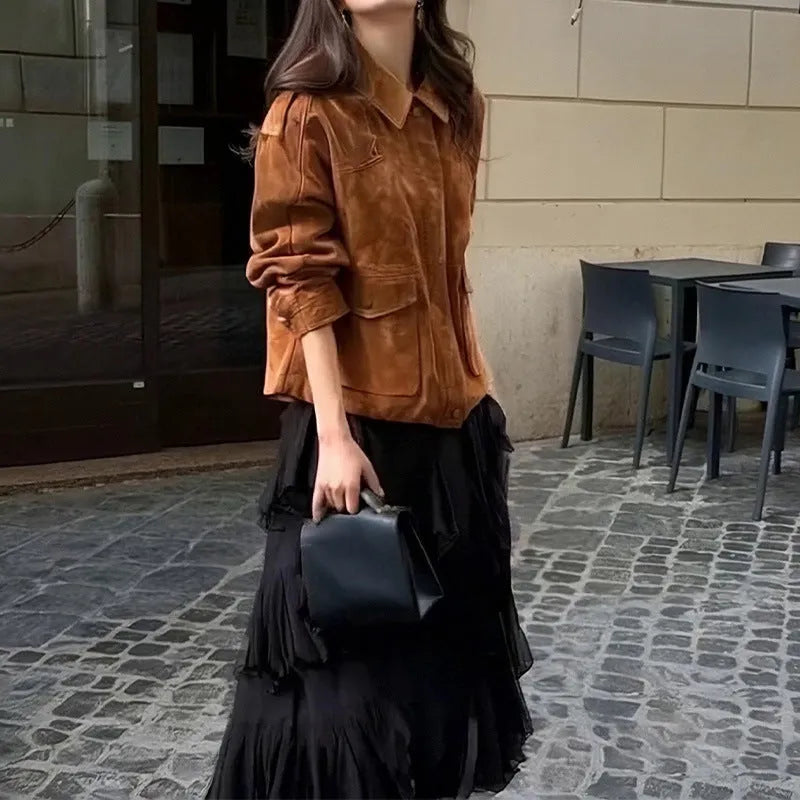 Women's suede coat in bright brown with regular sleeves, street-chic design, sizes S to 3XL