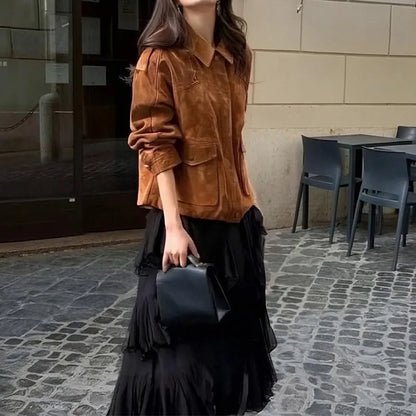 Women's suede coat in bright brown with regular sleeves, street-chic design, sizes S to 3XL