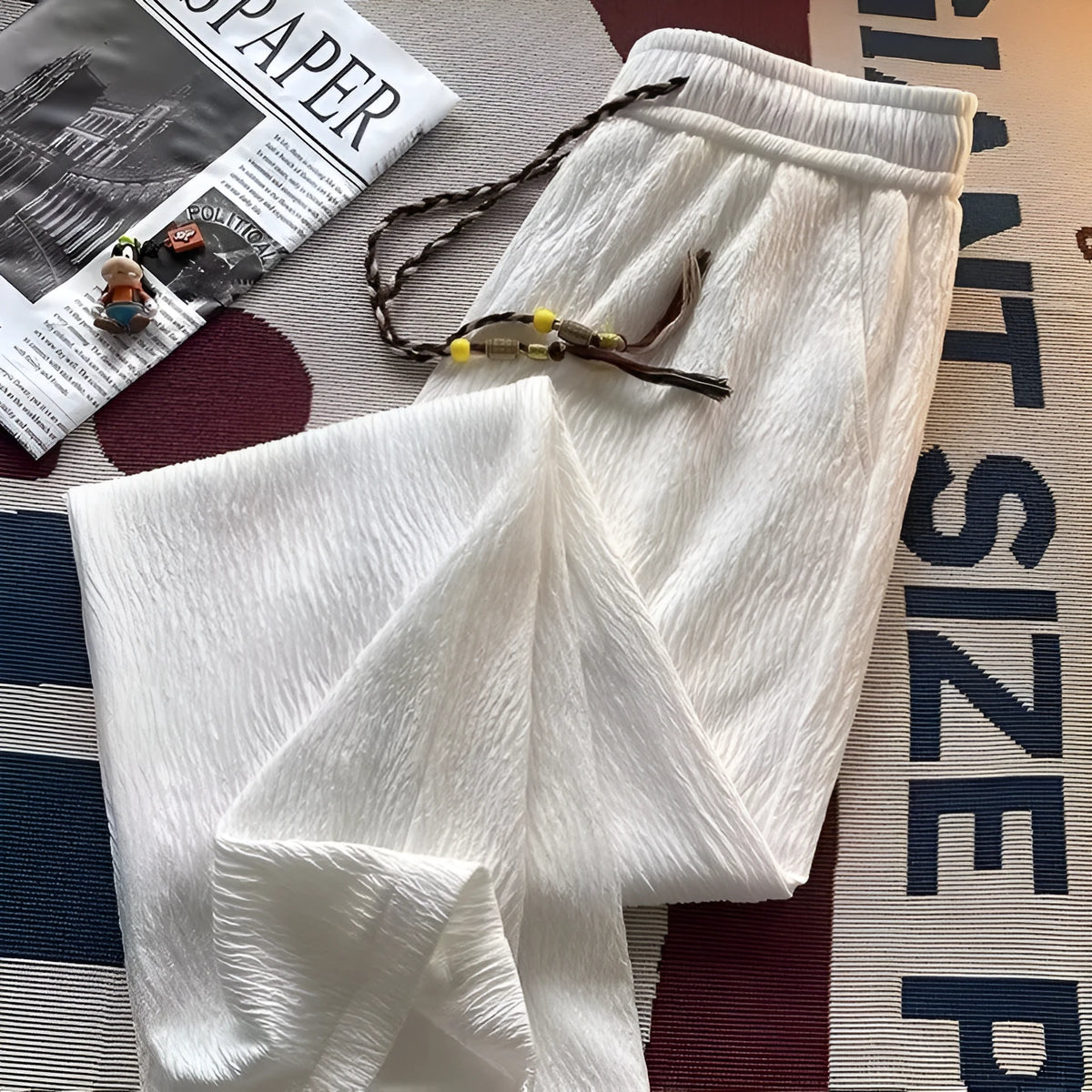 Men's thin loose straight-leg summer trousers with drooping texture in black or white colours