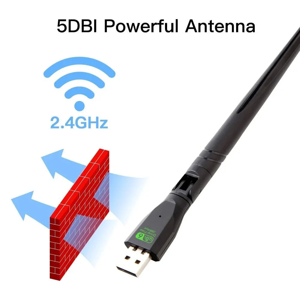 Black WiFi6 wireless network card with USB connector for computer connectivity