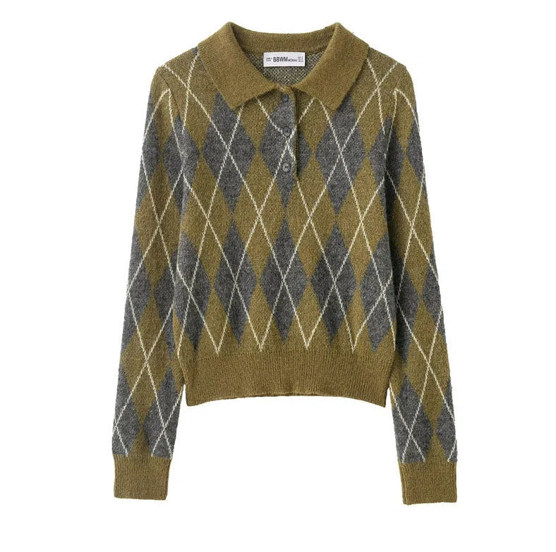 Women's notched lapel knitted sweater with diamond pattern and colour blocking, 40-50cm length