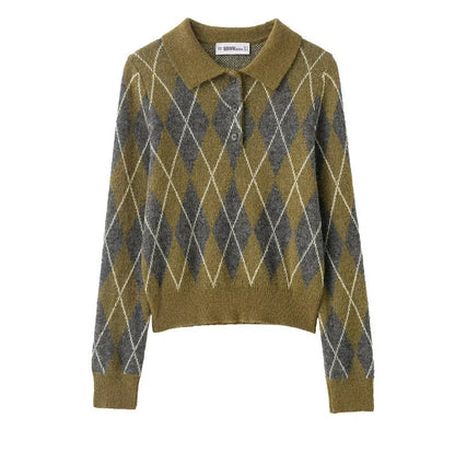 Women's notched lapel knitted sweater with diamond pattern and colour blocking, 40-50cm length